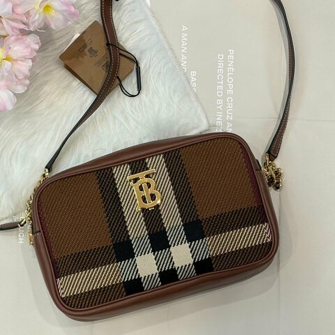 BURBERRY 編織格紋TB相機斜背包*咖啡色