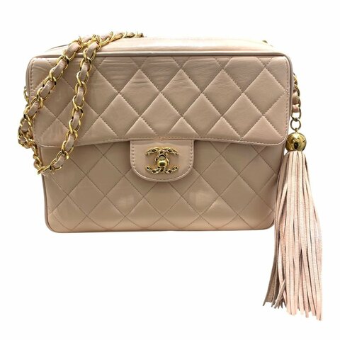 CHANEL 香奈兒 金球流蘇方形鍊條肩背包 羊皮 粉膚色 金釦