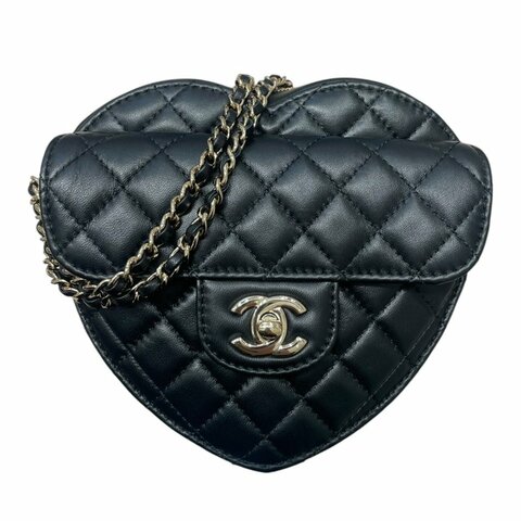 CHANEL 香奈兒 CC IN LOVE HEART 愛心鍊條包 羊皮 黑色 金釦