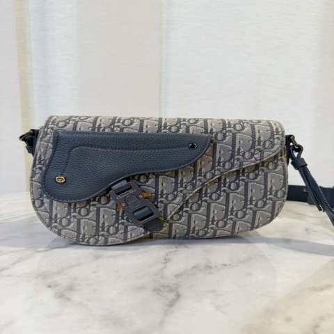 Dior 米灰提花布銀釦馬鞍斜背包