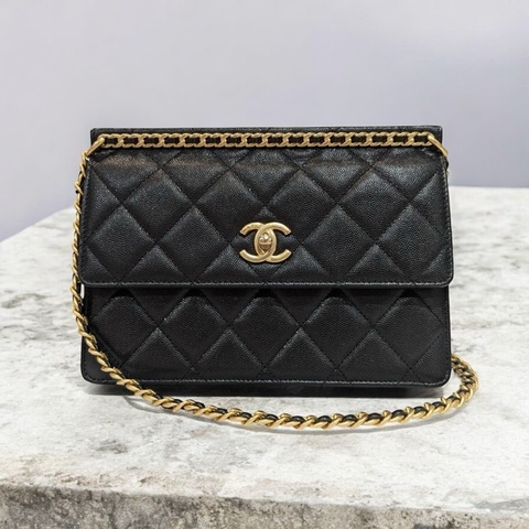 莉亞精品♡ Chanel AS4157 23A 黑金荔枝皮上鍊翻蓋包 二手美包