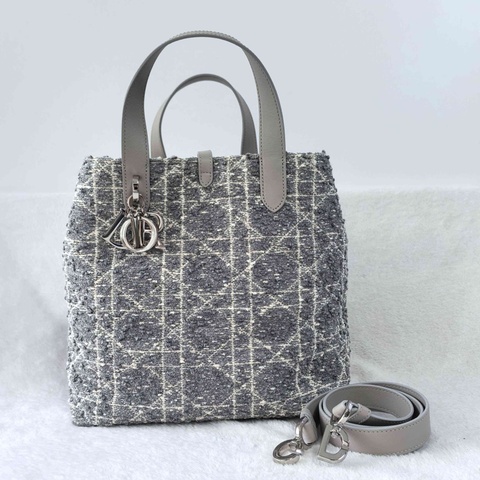 Dior 迪奧 Toujours 竪版 中號 手提包斜挎包 粗毛呢 灰色銀扣