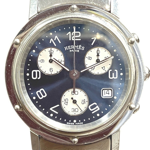 愛馬仕 Clipper 手錶，總重 102.4 克，不鏽鋼材質，石英機芯，海軍藍錶盤，CL1.910