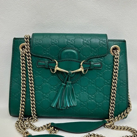 Gucci Emily 流蘇鏈條包，牛皮綠色中號金扣