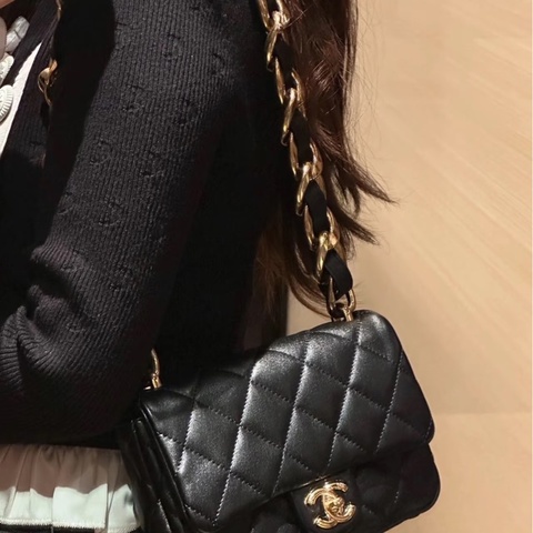 Chanel香奈兒 22S黑金菱格小羊皮粗鏈條皮穿鏈CF腋下包