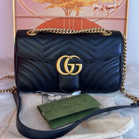 Gucci古馳馬蒙26 GG Marmont黑色心形鏈條包 黑標036