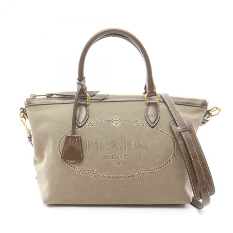 PRADA Logo提花雙肩手提包帆布皮革米色棕色二手女款
