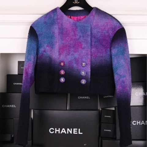 Chanel20A早秋手工坊巴黎天际线紫色晕染双排扣crop短外套