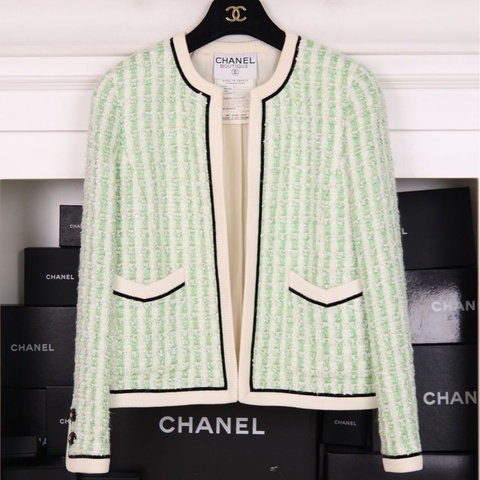 Chanel 92年秀款浅绿色格纹两口袋高腰半臀裙套装
