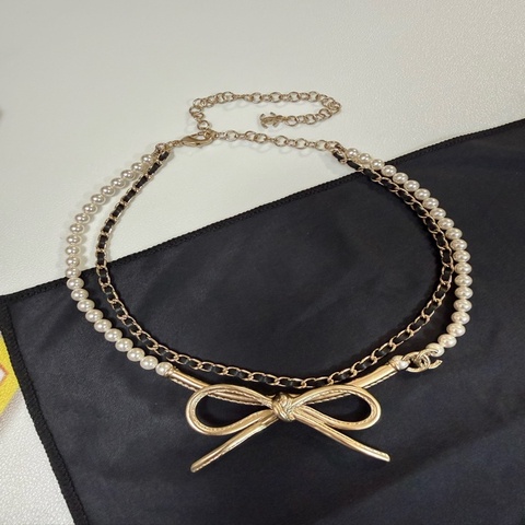 Chanel香奈兒蝴蝶結珍珠皮穿雙層項鍊