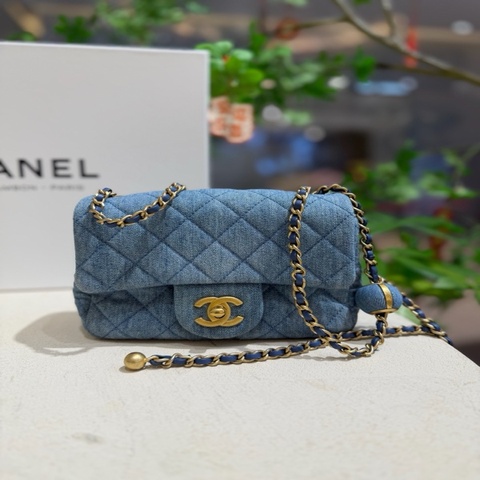 Chanel香奈兒 牛仔金球方胖子 芯片款肩背斜挎包 牛仔藍配