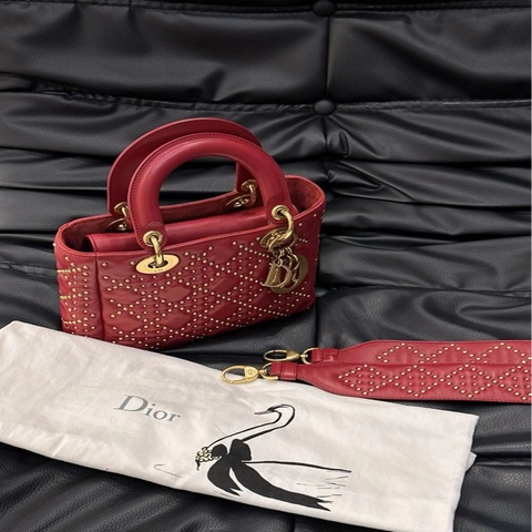 Dior 戴妃 五格 羊皮 紅金 鉚釘 斜挎包 97新