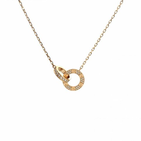 CARTIER LOVE雙環滿鑽項鏈餅環組合18K玫瑰金/鑽石