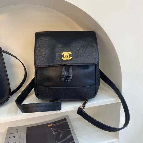 Chanel/香奈兒 中古黑金魚子醬雙肩包