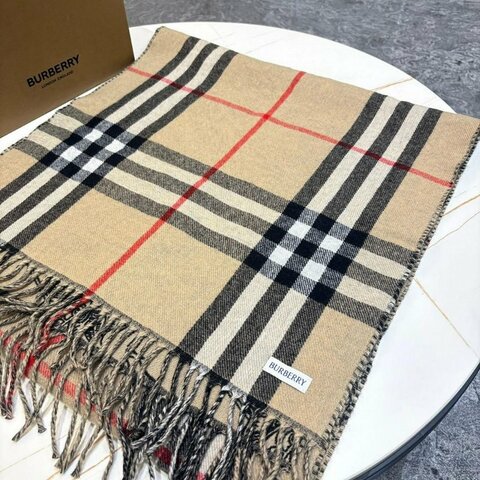 BURBERRY雙面兩用騎士標/格紋羊毛流蘇圍巾(米色)