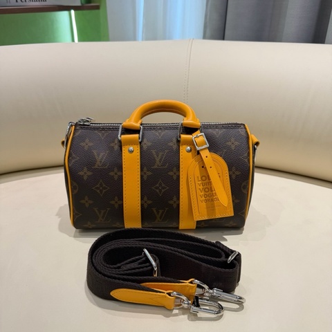 路易威登Louis Vuitton keepall25 棕老花滿印拼橙黃色 單肩包斜挎包 芯片款 附件：肩帶