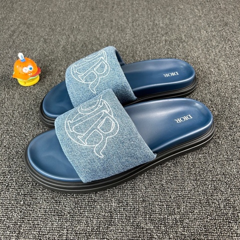 Dior迪奧 藍色牛仔徽標拖鞋 尺碼：45