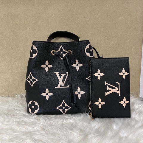 LV 黑牛皮拼米白logo金釦NeoNoe MM手提肩斜背包