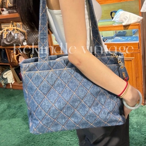 💎Chanel香奈兒｜牛仔丹寧金扣菱格外縫線帆布Tote 絕版vintage｜98新