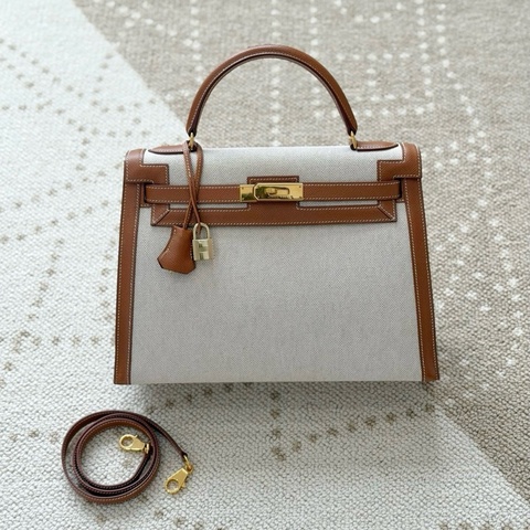Hermes 愛馬仕 Kelly32手提包斜挎包 金棕金扣帆布拼ep皮