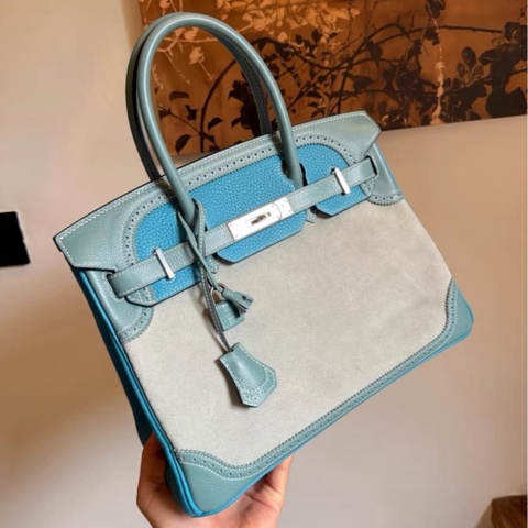 【大全套限量絕版❗️清爽年輕藍調🩵💙】Hermes蕾絲拼麂皮🐎Birkin 30銀扣