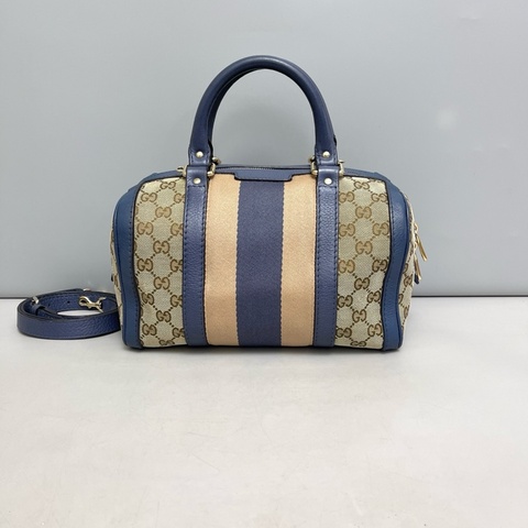 Gucci古馳 藍色皮拼老花帆布小號波士頓枕頭包 尺寸26×15×15  附件肩帶