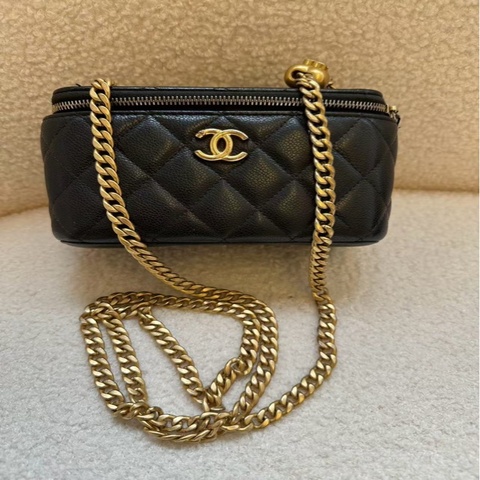 Chanel/香奈兒 愛心黑金愛心荔枝紋長盒子做舊鏈條包化妝盒 帶鏡子 23年晶片款