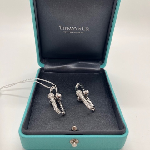 Tiffany蒂芙尼hard wear 白金雙環帶鑽馬蹄扣耳環
