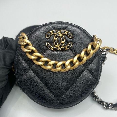 Chanel香奈兒 黑金全皮19bag圓餅鏈條包 斜挎包