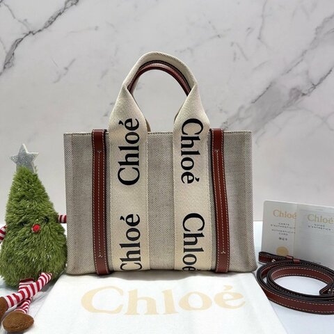 CHLOE Woody亞麻帆布拼小牛皮托特包
