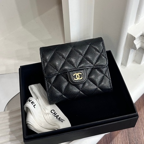 CHANEL CF三折短夾 荔枝黑金 保卡款32開