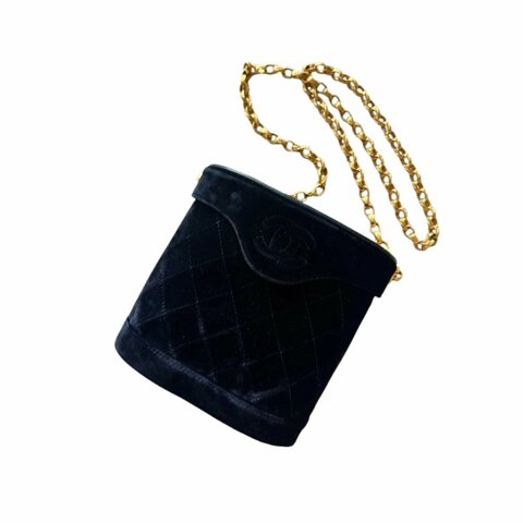 CHANEL 黑金絲絨雕花鏈條水桶包