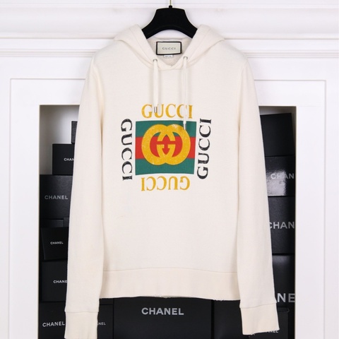 Gucci 白色logo字母印花棉质连帽抽绳长袖卫衣上衣外套