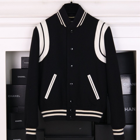 YSL黑白羊毛拼接棒球服夹克外套