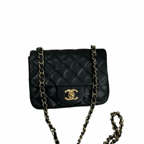 CHANEL 黑金雙C扣菱格紋方胖子鏈條包