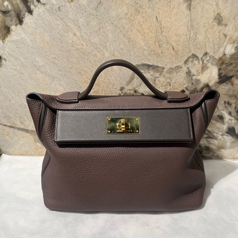 Hermes 深咖啡拼色金釦24/24