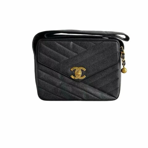 CHANEL 黑金魚子醬貝嫂扣金球肩背包