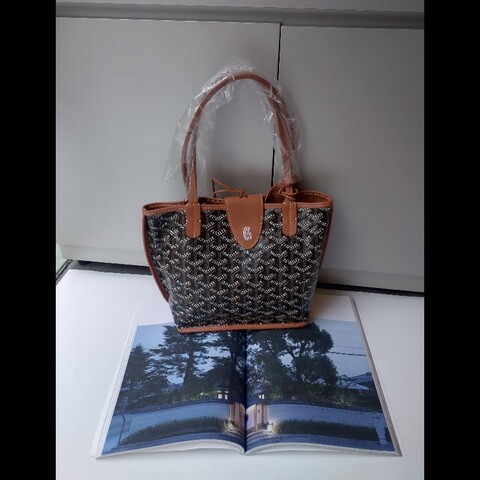 Goyard 棕色皮革邊黑印花小號托特包 mini Anjou
