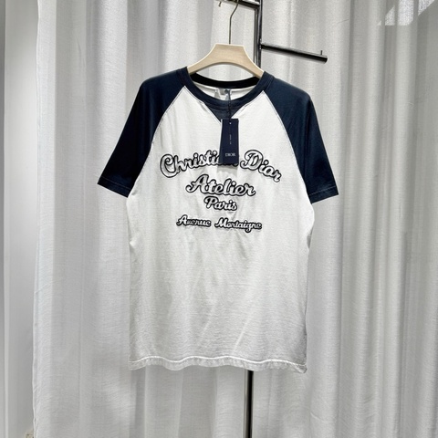 DIOR 迪奧 短袖tee T恤 S碼 標語刺繡logo 藍色拼接
