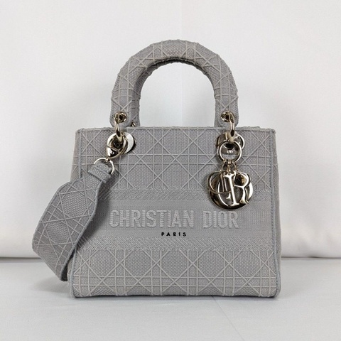 莉亞精品♡ Dior 灰帆布刺繡黛妃包 中號 二手美包