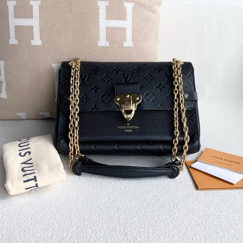 Louis Vuitton LV VAVIN 老花壓印黑金全皮鏈條包 編碼款