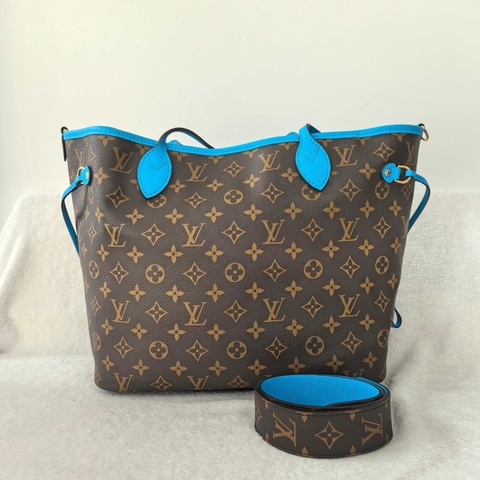 LV 路易威登 neverfull 中號托特包單肩包斜挎包 雙面 老花 藍色 寬肩帶 金扣