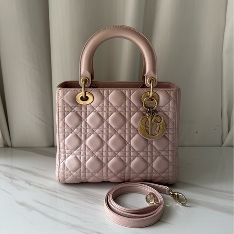 迪奧 Dior 五格 羊皮 珠光粉 戴妃包 15年 局部護理