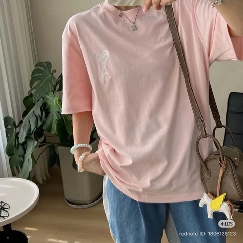 Ami Paris 限定款100%純棉 溫柔春季淡粉色🌸🍓白色電繡大logo圓領短袖上衣、T恤 M