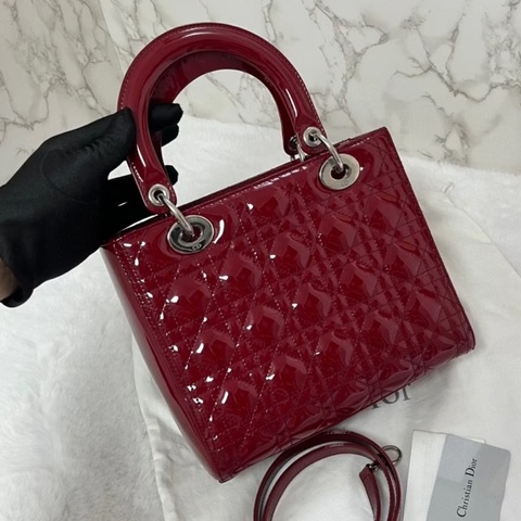 ✨Dior迪奧｜lady 五格戴妃 漆皮銀扣酒紅色手提包｜97新11年