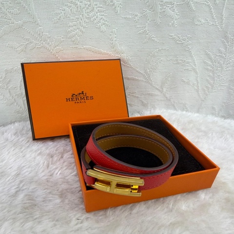 HERMES EpsomE#Drag Double Tour Bracelet金扣手鐲Rose Jaipur蜜桃粉色