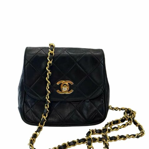 CHANEL黑金菱格紋雙C扣鏈條包