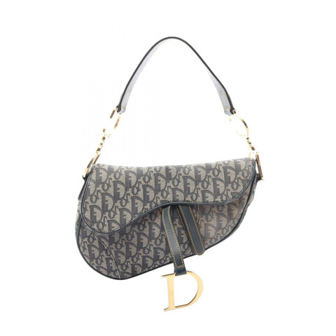 Christian Dior Saddle Trotter 單肩手提包，帆布皮革，灰色/海軍藍，二手
