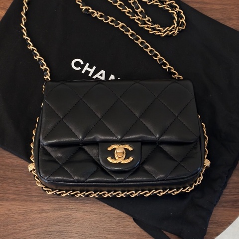 Chanel 香奈兒 23B 黑金方胖子 羊皮 菠蘿紋金扣扣鏈條包