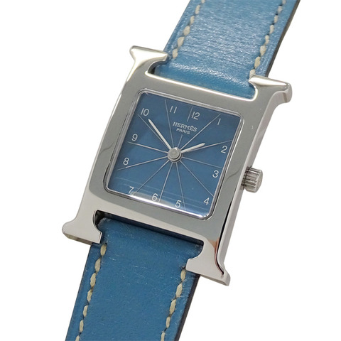 愛馬仕 (Hermes) 女士腕錶 H-Watch 石英 QZ 不鏽鋼 SS 皮革 HH1.210 銀藍 □G